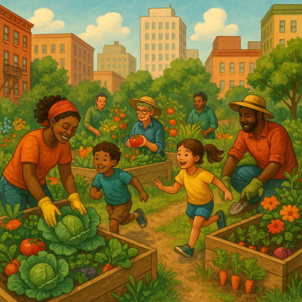 A vibrant urban community garden nestled between c